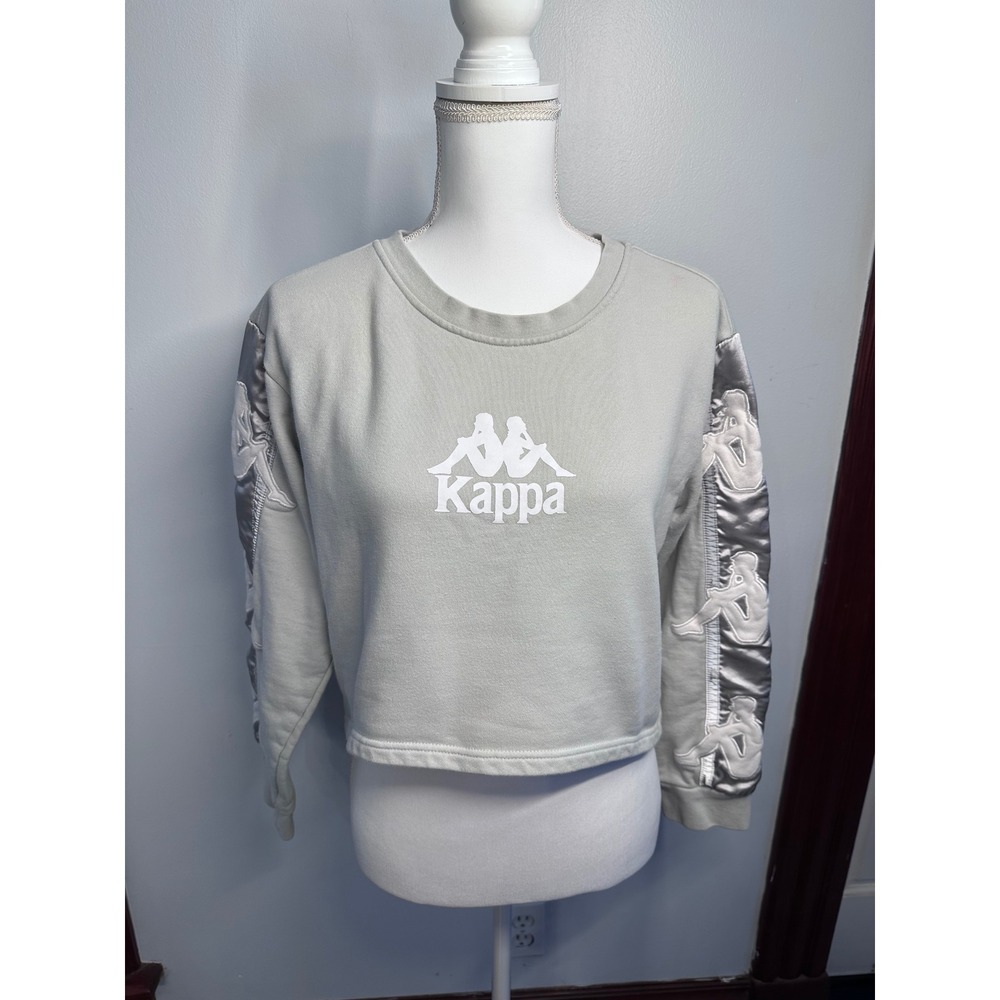 Kappa Womens Cropped Sweatshirt Light Grey Logo Sleeve Tape Large